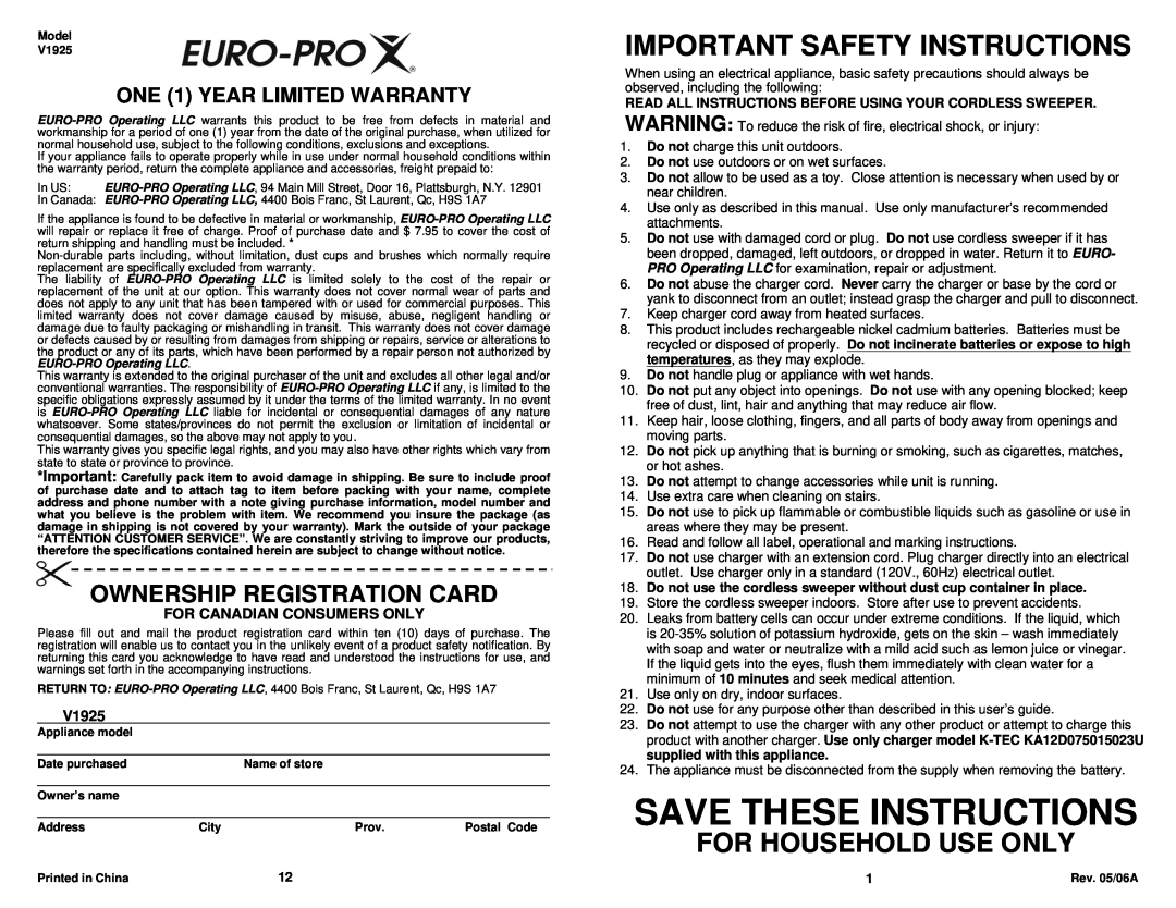 Euro-Pro V1925 Ownership Registration Card, For Canadian Consumers Only, Save These Instructions, For Household Use Only 