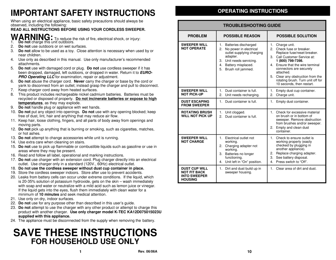 Euro-Pro V1925H owner manual 800, Rev /06A 