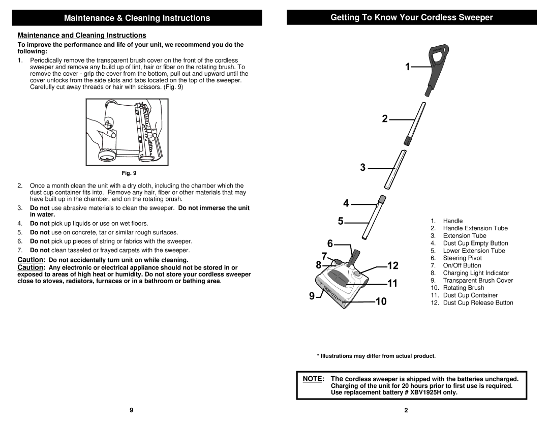 Euro-Pro V1925H owner manual Maintenance & Cleaning Instructions, Getting To Know Your Cordless Sweeper 