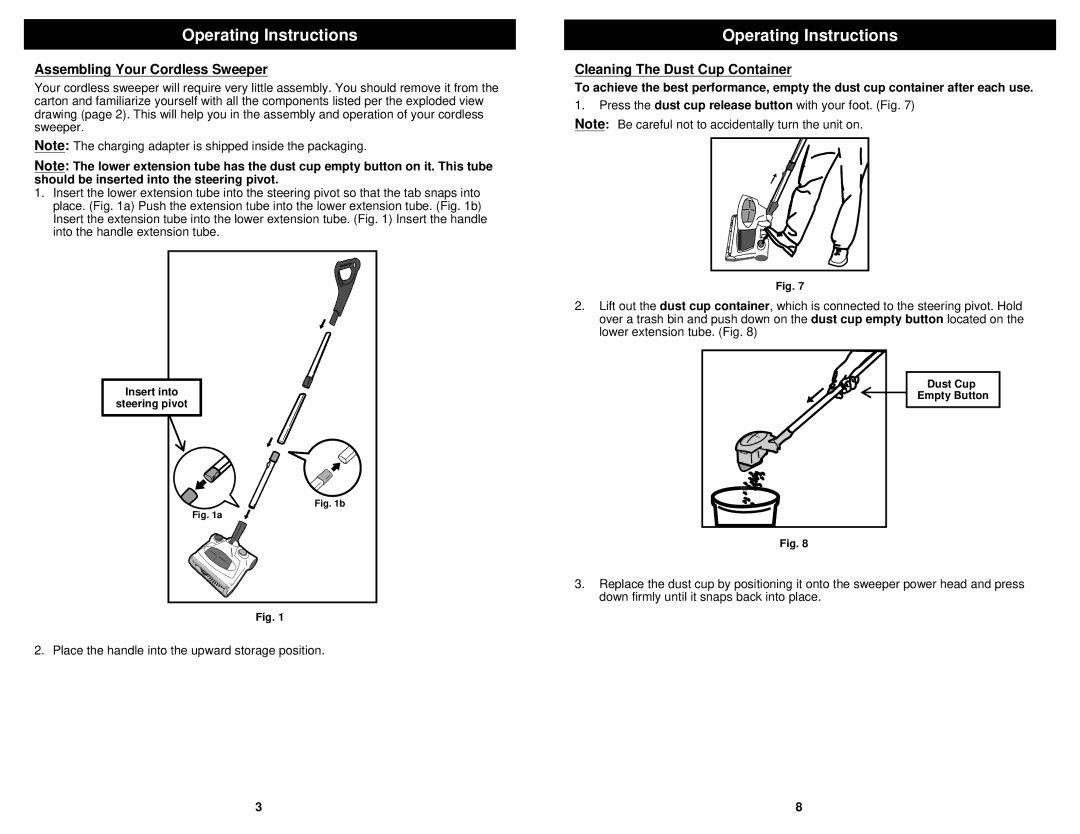 Euro-Pro V1925H owner manual Operating Instructions, Assembling Your Cordless Sweeper, Cleaning The Dust Cup Container 