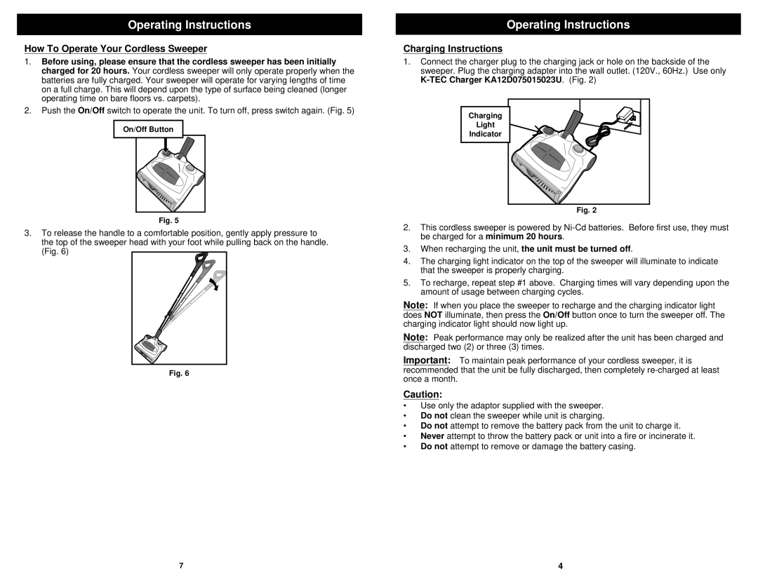 Euro-Pro V1925H owner manual How To Operate Your Cordless Sweeper, Charging Instructions, TEC Charger KA12D075015023U. Fig 