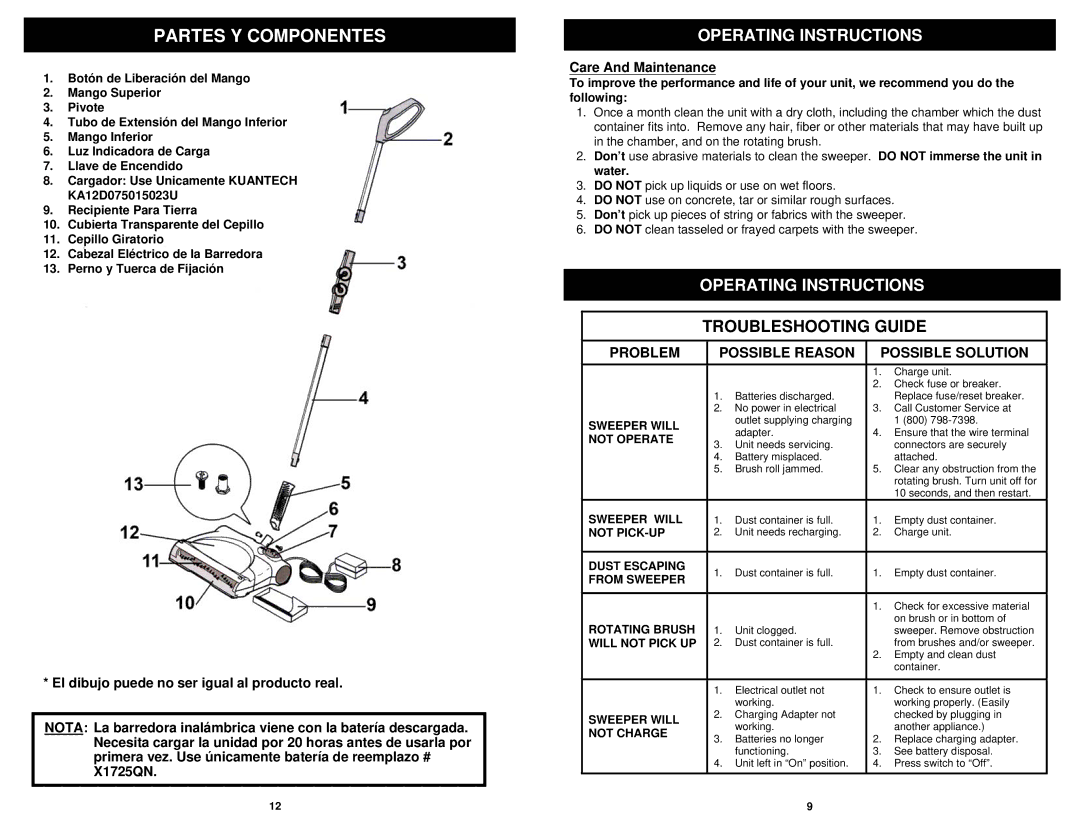 Euro-Pro V1930 manual Care And Maintenance 