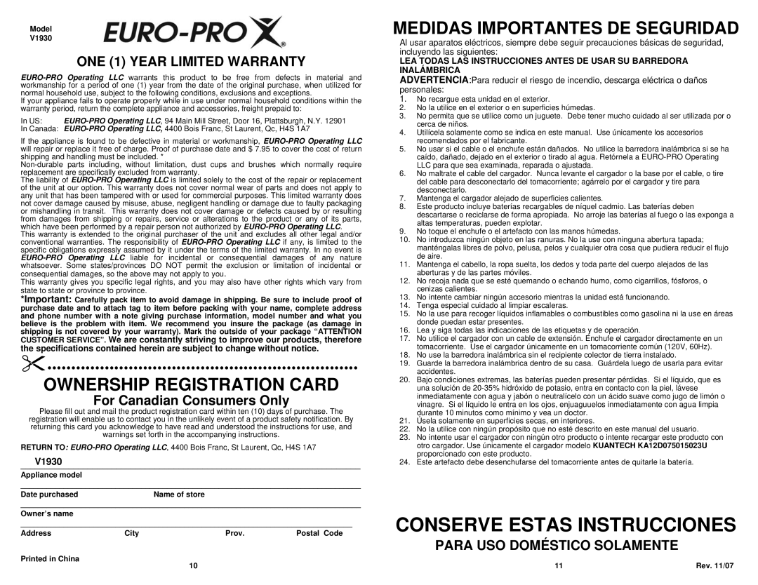 Euro-Pro V1930 manual ONE 1 Year Limited Warranty 