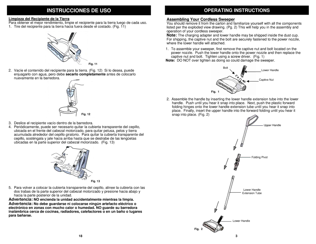 Euro-Pro V1930 manual Assembling Your Cordless Sweeper, Limpieza del Recipiente de la Tierra 