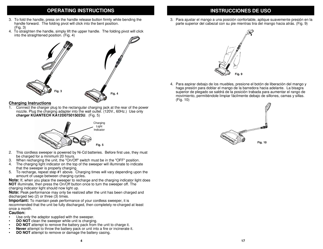 Euro-Pro V1930 manual Charging Instructions 