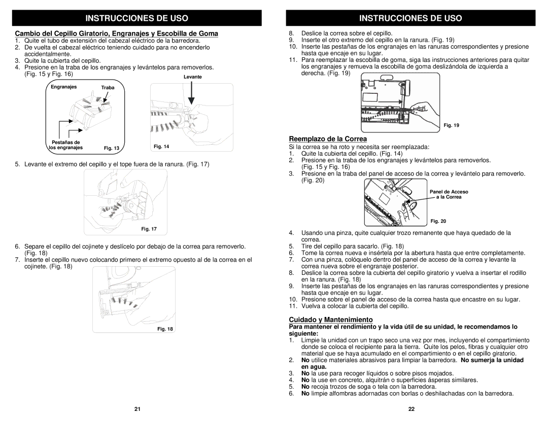 Euro-Pro V1950SP manual Reemplazo de la Correa, Cuidado y Mantenimiento 