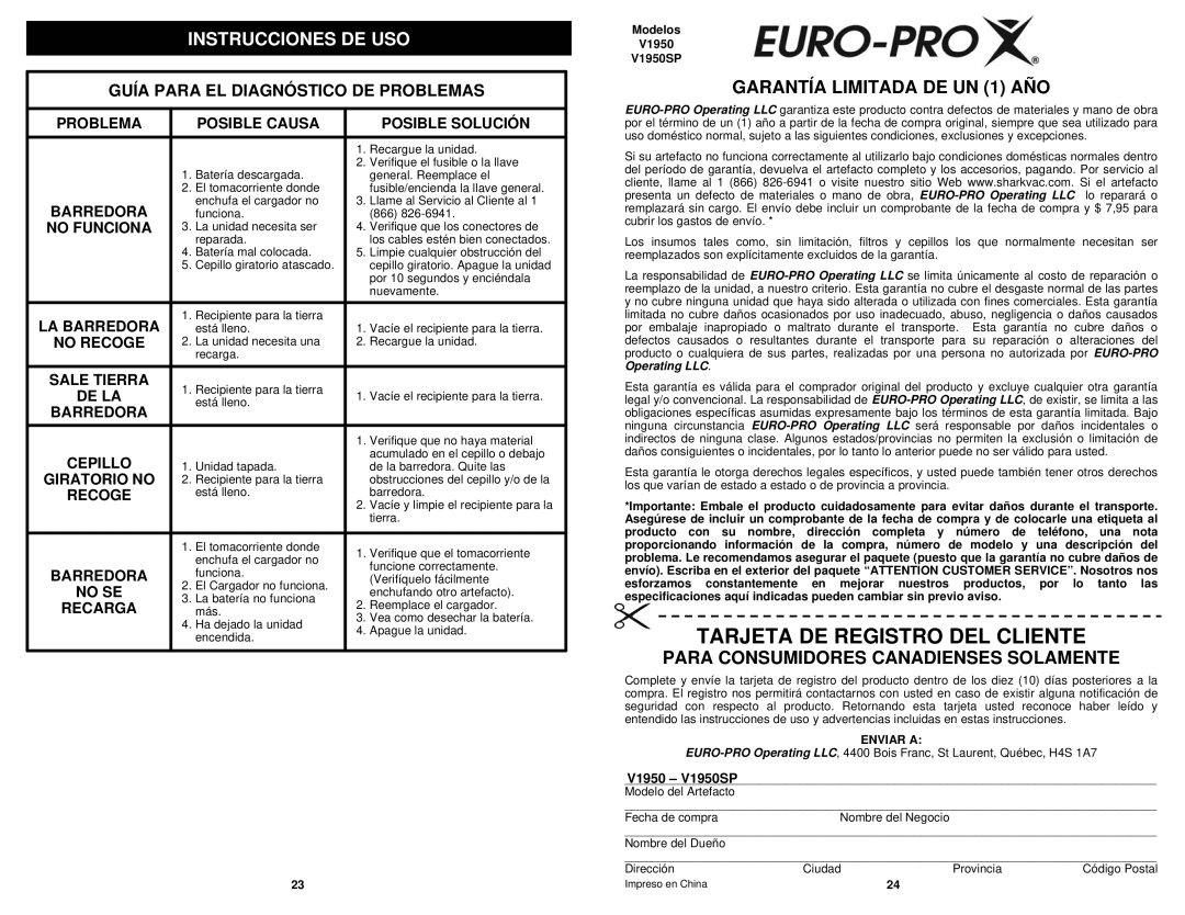 Euro-Pro V1950SP manual Tarjeta DE Registro DEL Cliente, Guía Para EL Diagnóstico DE Problemas 