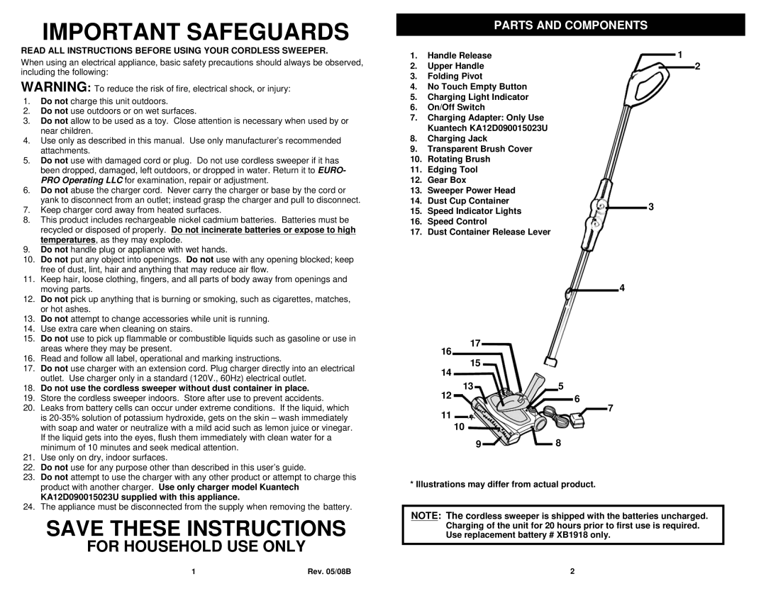 Euro-Pro V1950SP manual Parts and Components, Read ALL Instructions Before Using Your Cordless Sweeper 