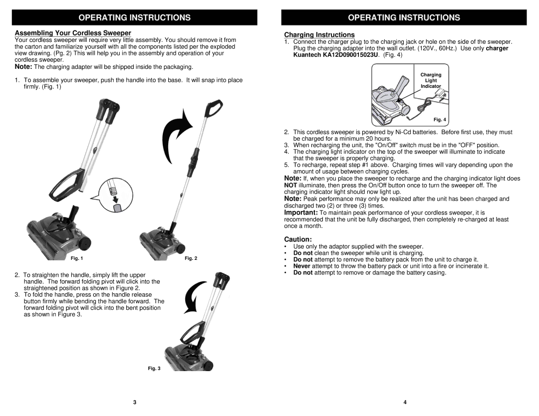 Euro-Pro V1950SP manual Operating Instructions, Assembling Your Cordless Sweeper, Charging Instructions 