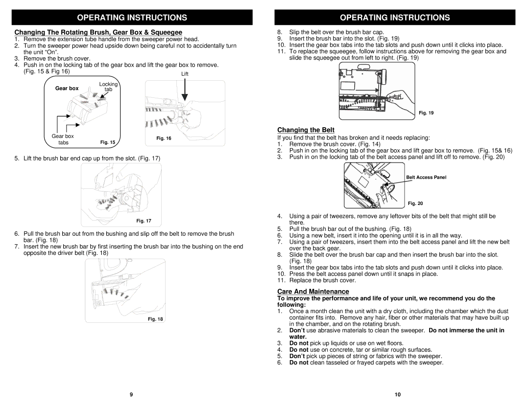 Euro-Pro V1950SP manual Changing The Rotating Brush, Gear Box & Squeegee, Changing the Belt, Care And Maintenance 