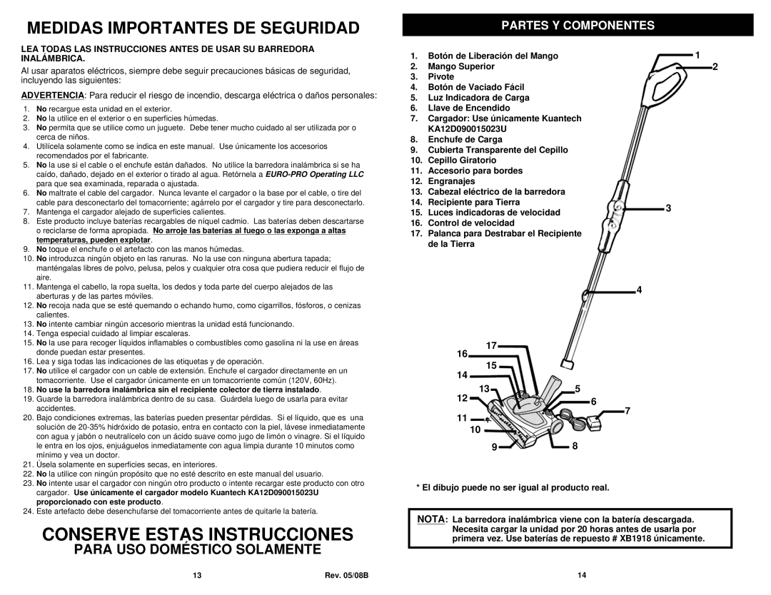 Euro-Pro V1950SP manual Para USO Doméstico Solamente, Partes Y Componentes, 135 126 