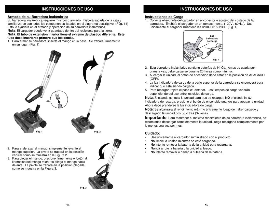 Euro-Pro V1950SP manual Instrucciones DE USO, Armado de su Barredora Inalámbrica, Instrucciones de Carga, Cuidado 