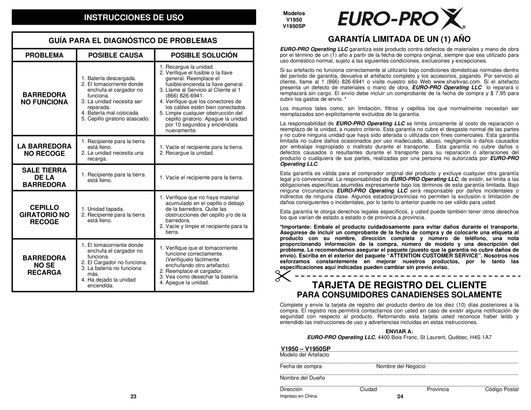 Euro-Pro V1950SP Tarjeta De Registro Del Cliente, GARANTÍA LIMITADA DE UN 1 AÑO, Para Consumidores Canadienses Solamente 