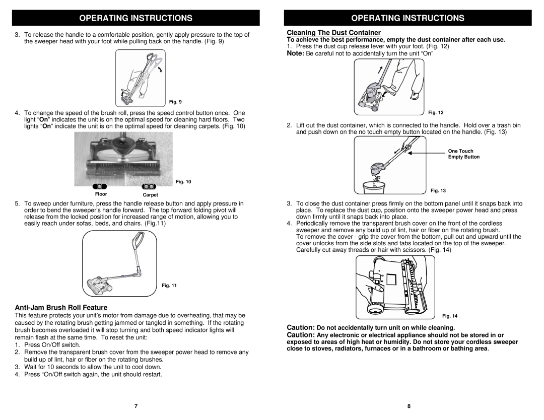 Euro-Pro V1950SP manual Anti-Jam Brush Roll Feature, Cleaning The Dust Container, Operating Instructions 