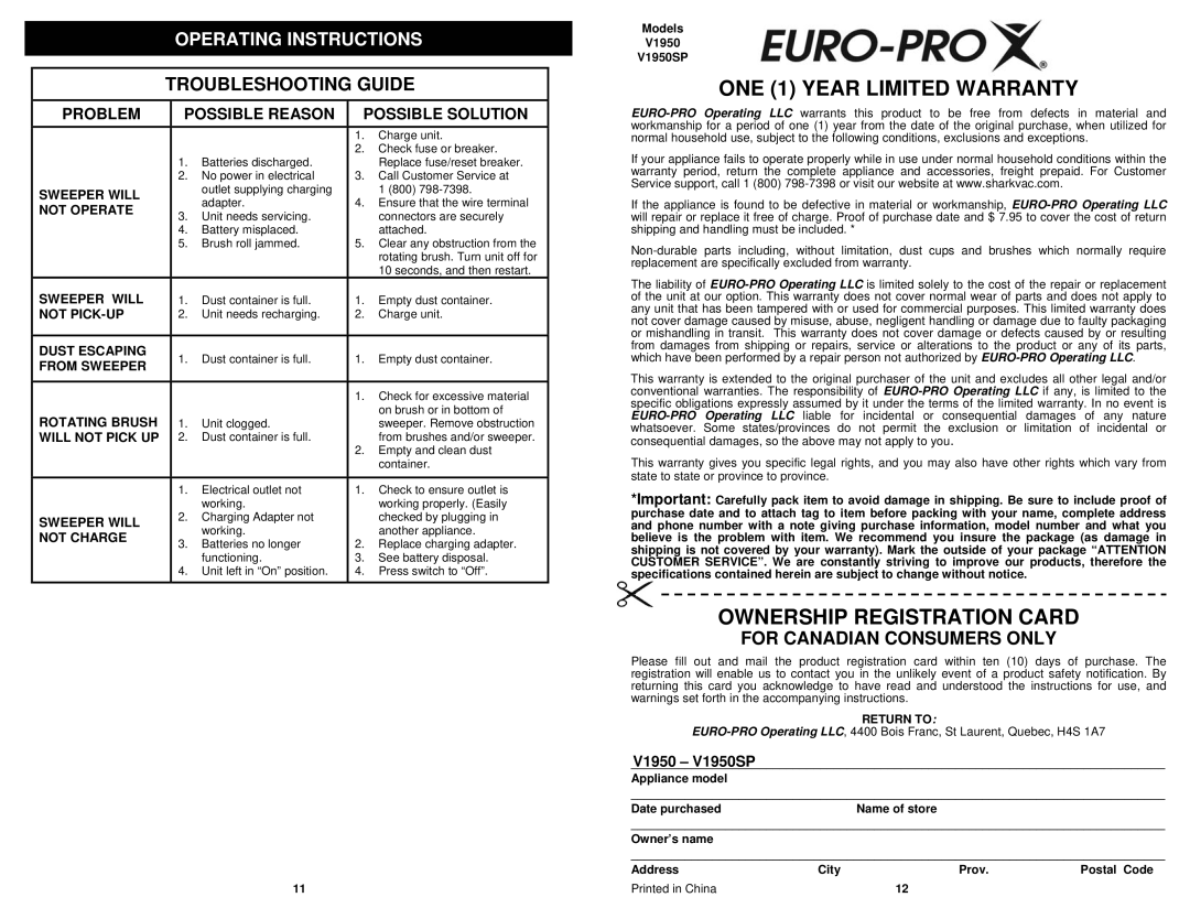 Euro-Pro ONE 1 YEAR LIMITED WARRANTY, Ownership Registration Card, Troubleshooting Guide, V1950 - V1950SP, Problem 
