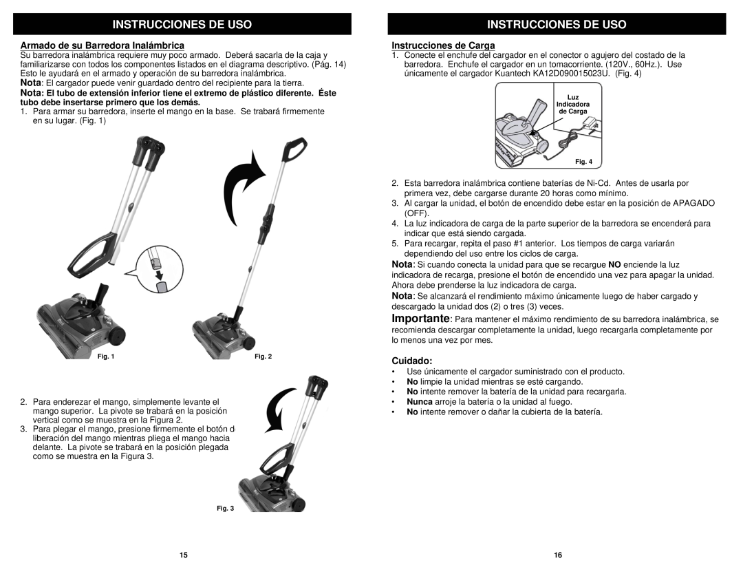 Euro-Pro V1950SP manual Instrucciones De Uso, Armado de su Barredora Inalámbrica, Instrucciones de Carga, Cuidado 