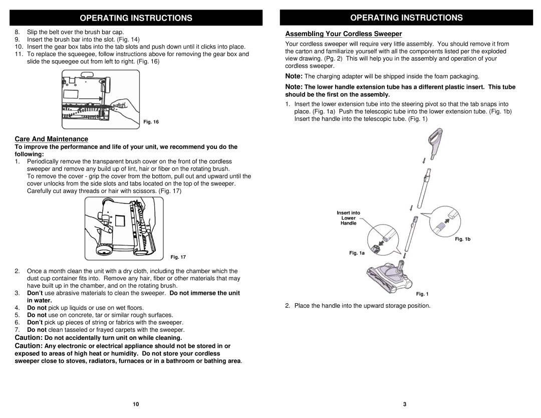 Euro-Pro V2022 manual Operating Instructions, Care And Maintenance, Assembling Your Cordless Sweeper 