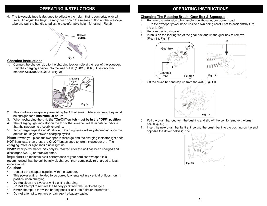 Euro-Pro V2022 manual Changing The Rotating Brush, Gear Box & Squeegee, Charging Instructions 