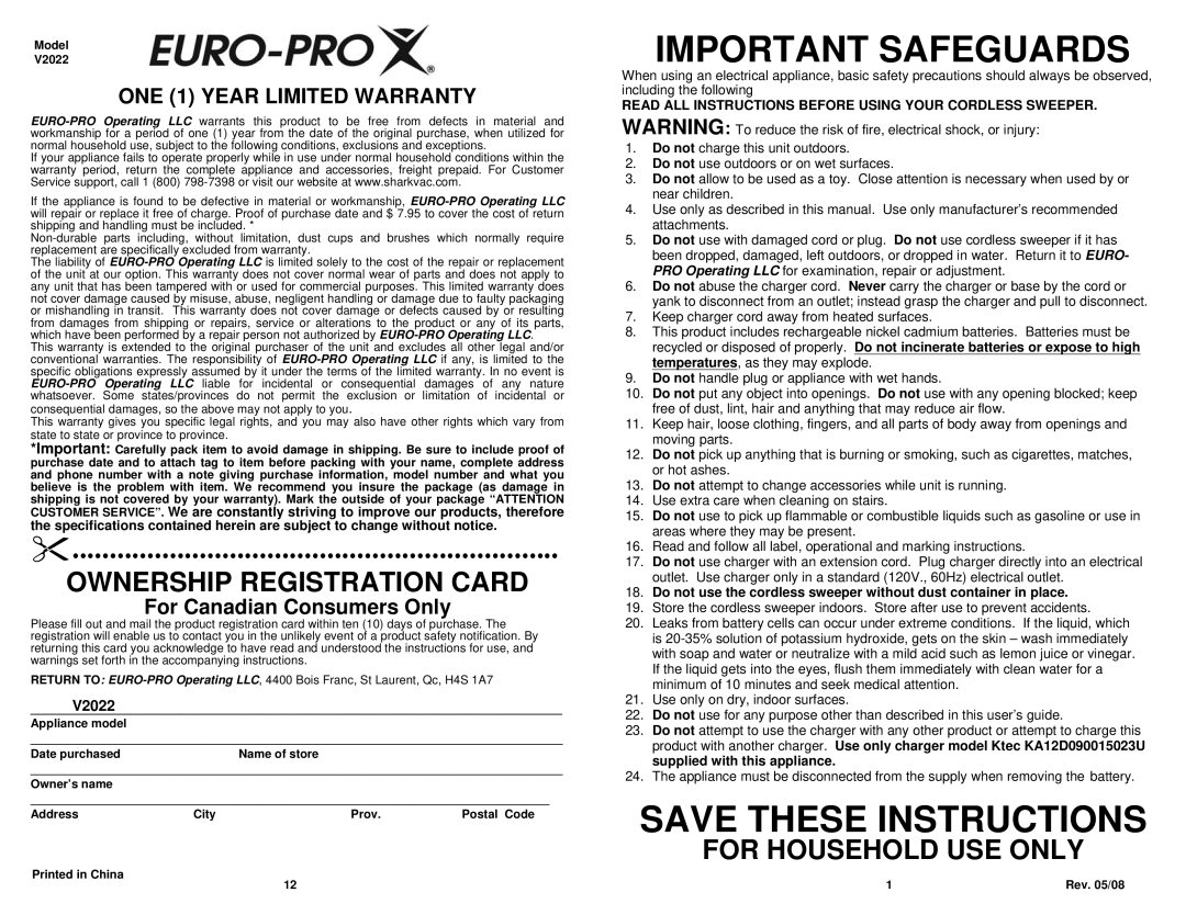 Euro-Pro V2022 manual Ownership Registration Card, For Household Use Only, Important Safeguards, Save These Instructions 