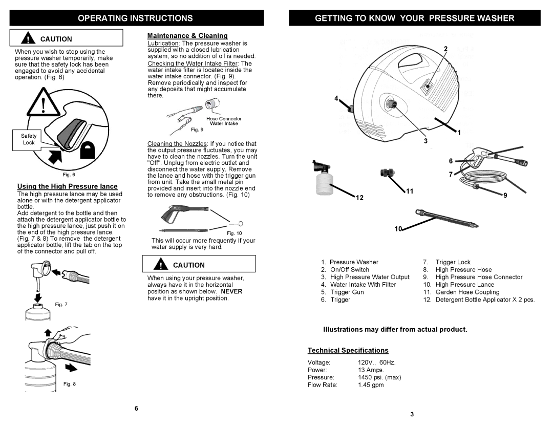 Euro-Pro VPW38HB owner manual Operatinginstructions Getting to Know Your Pressure Washer, Using the High Pressure lance 