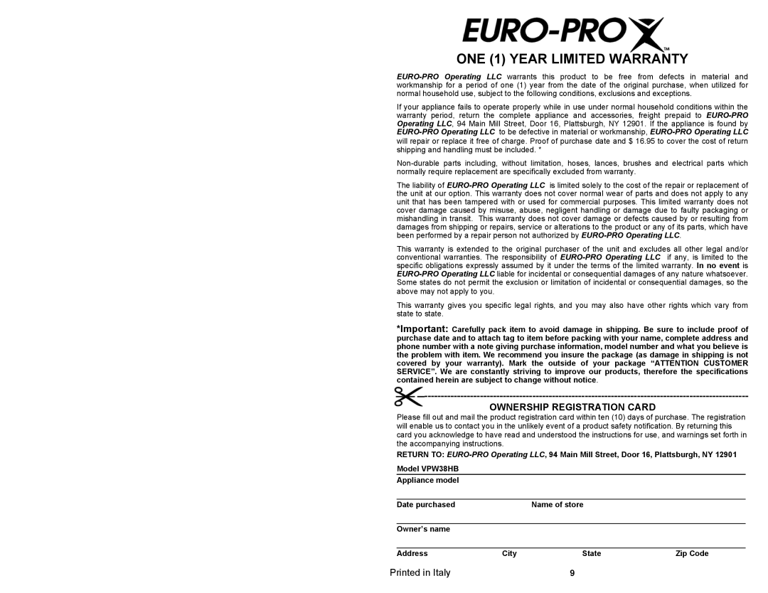 Euro-Pro VPW38HB owner manual ONE 1 YEAR LIMITED WARRANTY, Ownership Registration Card 