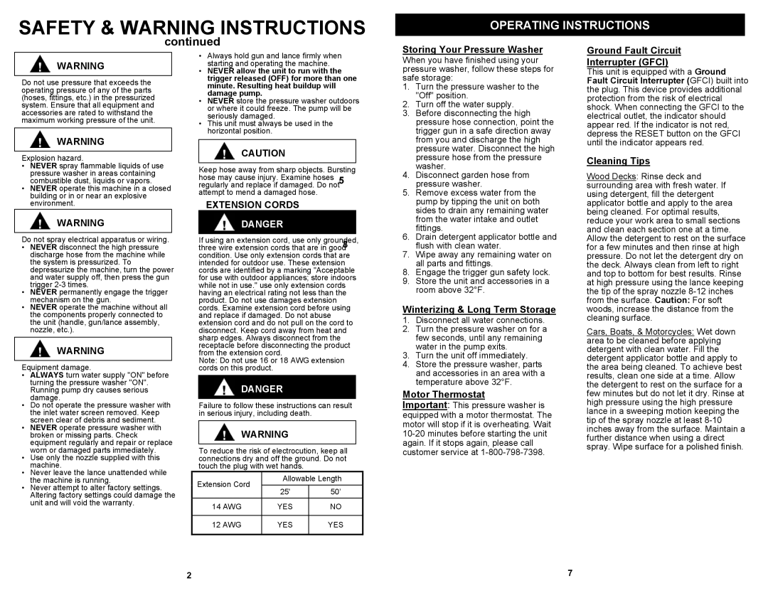 Euro-Pro VPW38HB Operating Instructions, Storing Your Pressure Washer, Ground Fault Circuit, Extension Cords, continued 