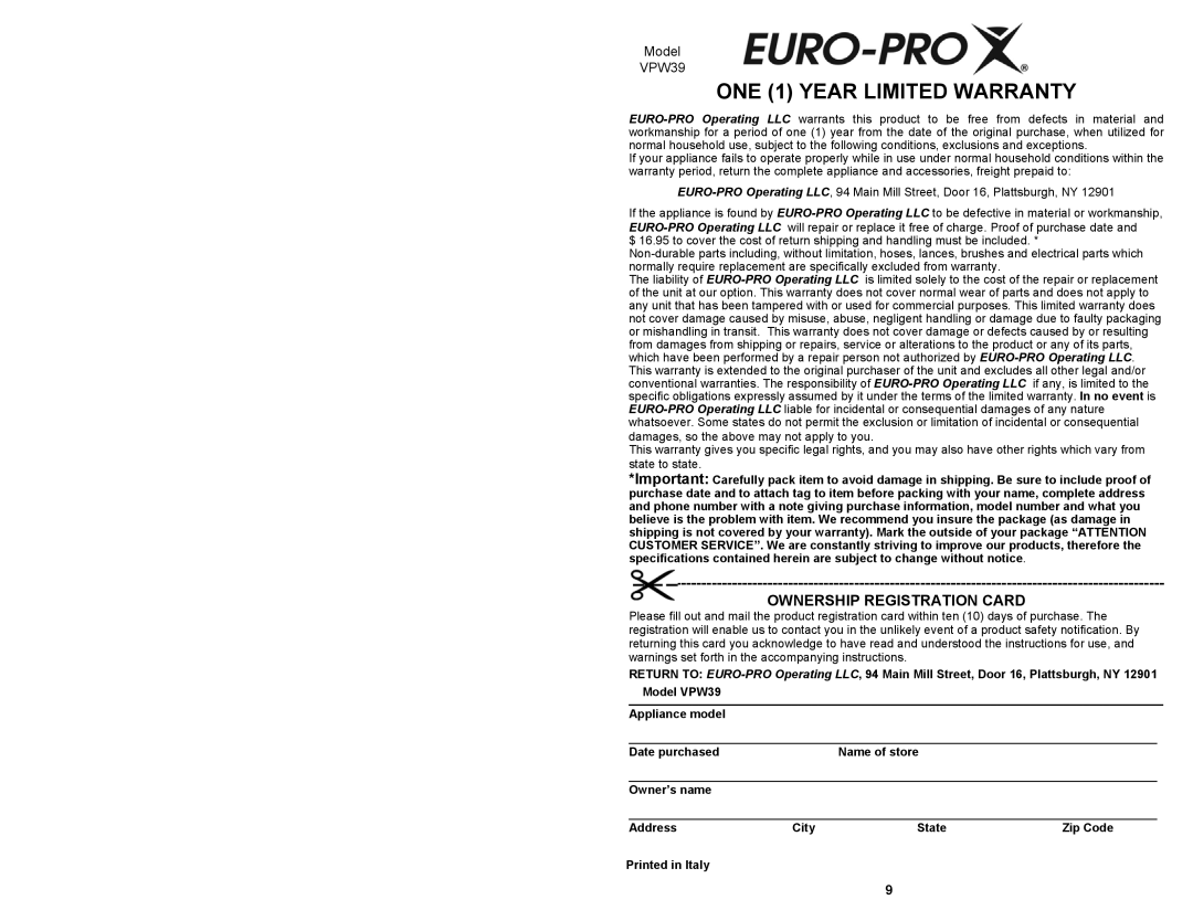 Euro-Pro VPW39 owner manual ONE 1 Year Limited Warranty, Ownership Registration Card 