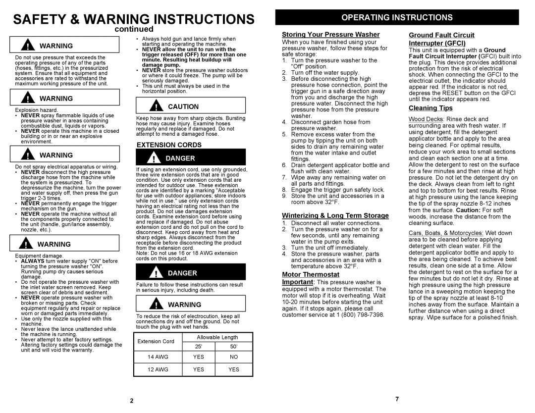 Euro-Pro VPW39 owner manual Operating Instructions, Extension Cords 