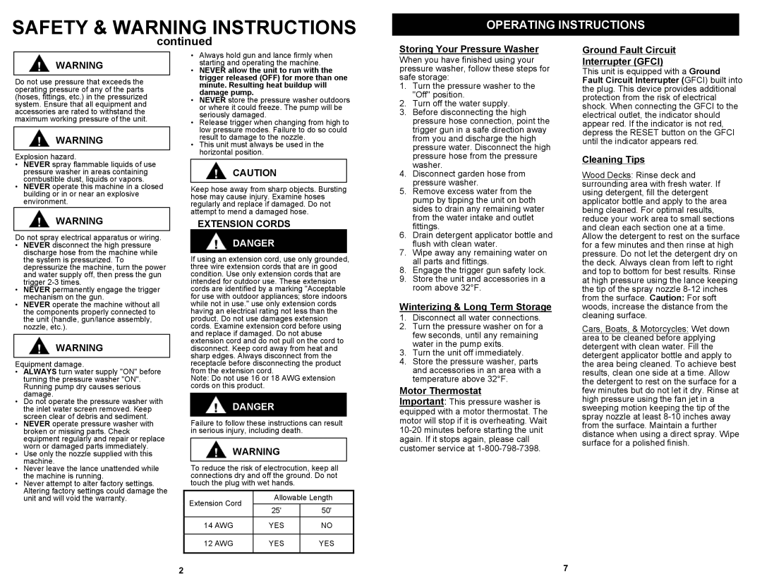 Euro-Pro VPW40 owner manual Operating Instructions, Extension Cords 