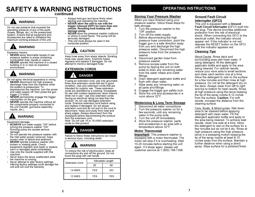 Euro-Pro VPW41H Operating Instructions, Storing Your Pressure Washer, Ground Fault Circuit, Extension Cords, Cleaning Tips 