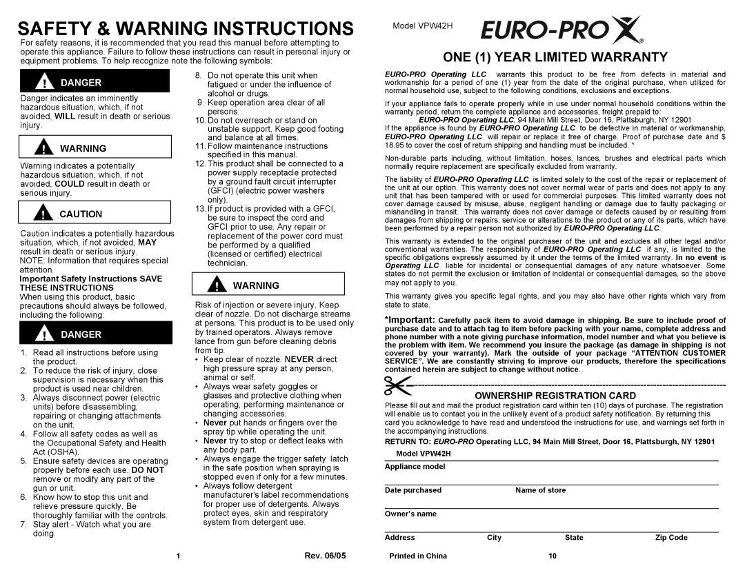 Euro-Pro VPW42H owner manual Safety & Warning Instructions, Ownership Registration Card, Rev /05 