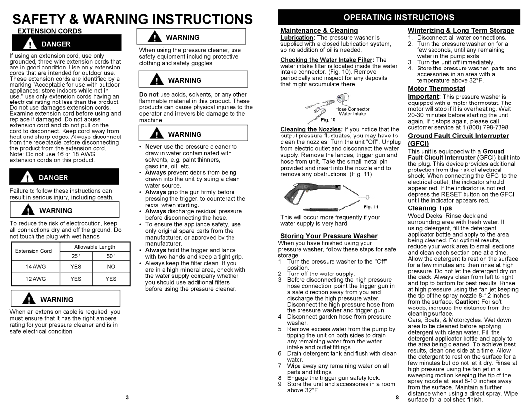 Euro-Pro VPW42H owner manual Operating Instructions, Extension Cords 