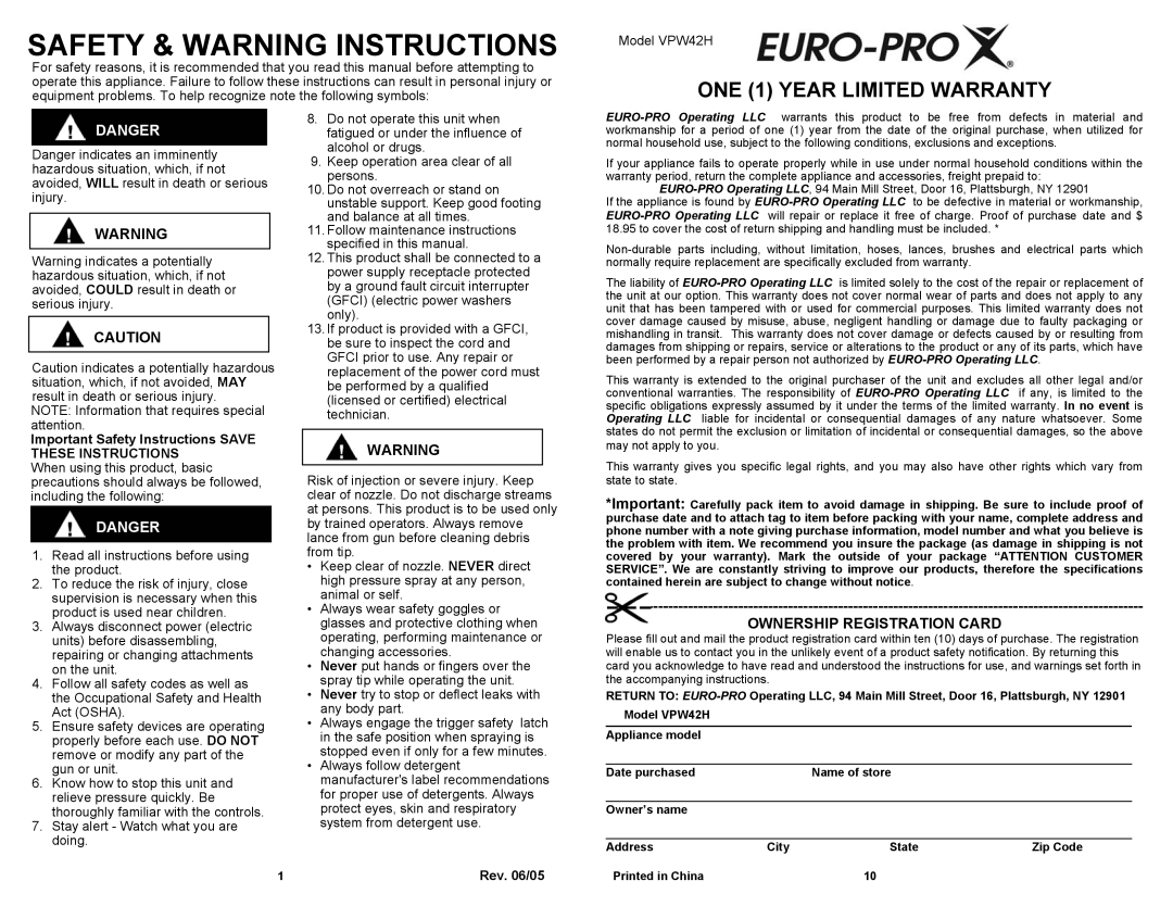 Euro-Pro VPW42H Safety & Warning Instructions, ONE 1 YEAR LIMITED WARRANTY, Danger, Ownership Registration Card 