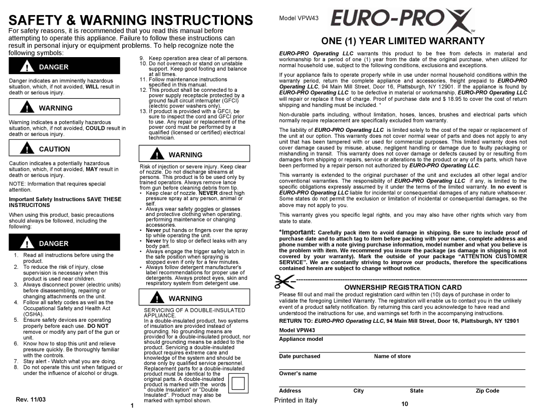 Euro-Pro VPW43 owner manual Safety & Warning Instructions, Ownership Registration Card 