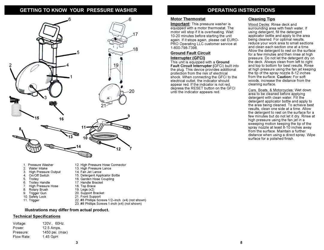 Euro-Pro VPW43 owner manual Getting to Know Your Pressure Washer Operating Instructions, Motor Thermostat, Cleaning Tips 