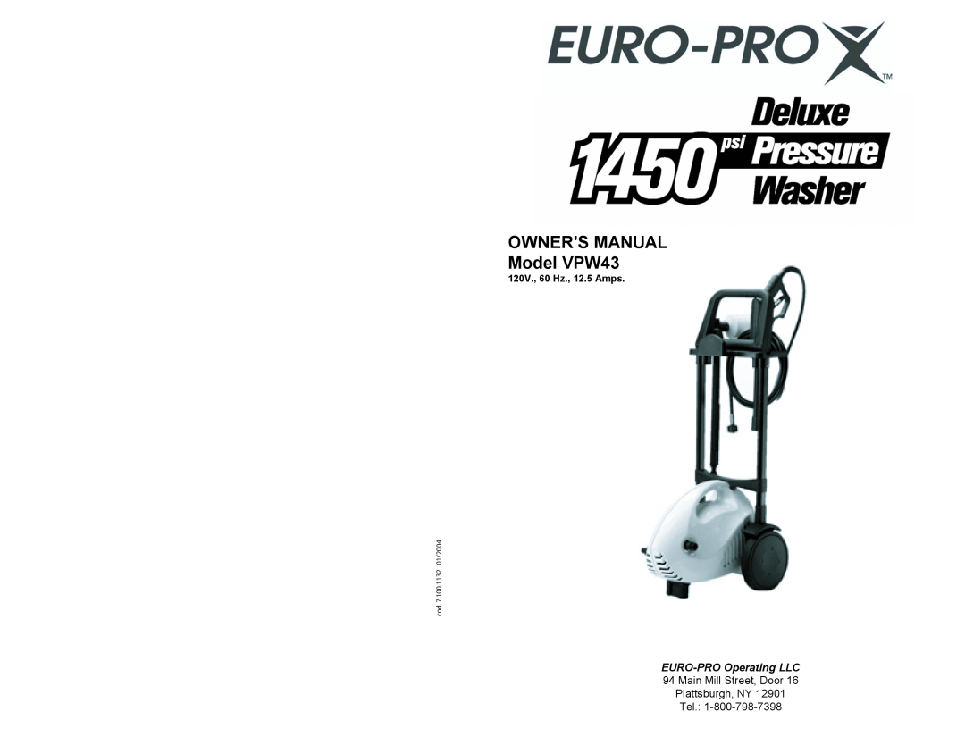 Euro-Pro VPW43 owner manual EURO-PROOperating LLC, 4002/ 10 2311. 0cod01.7 