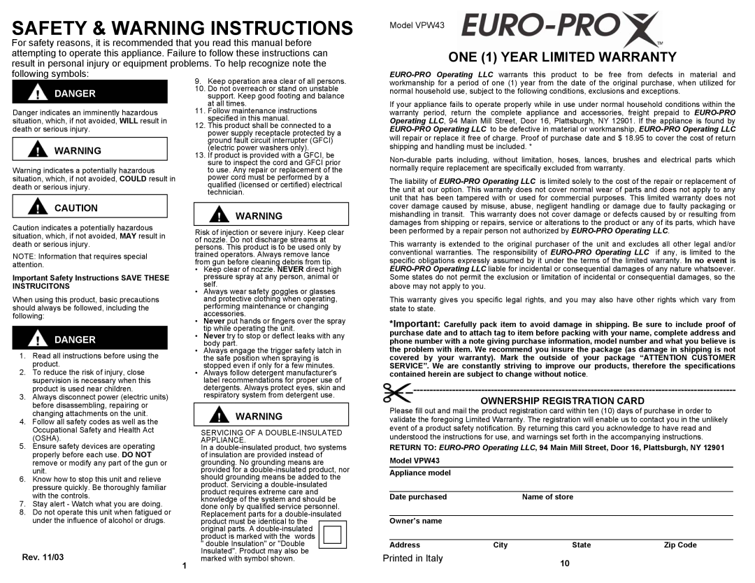 Euro-Pro VPW43 owner manual Safety & Warning Instructions, ONE 1 YEAR LIMITED WARRANTY, Danger, Ownership Registration Card 