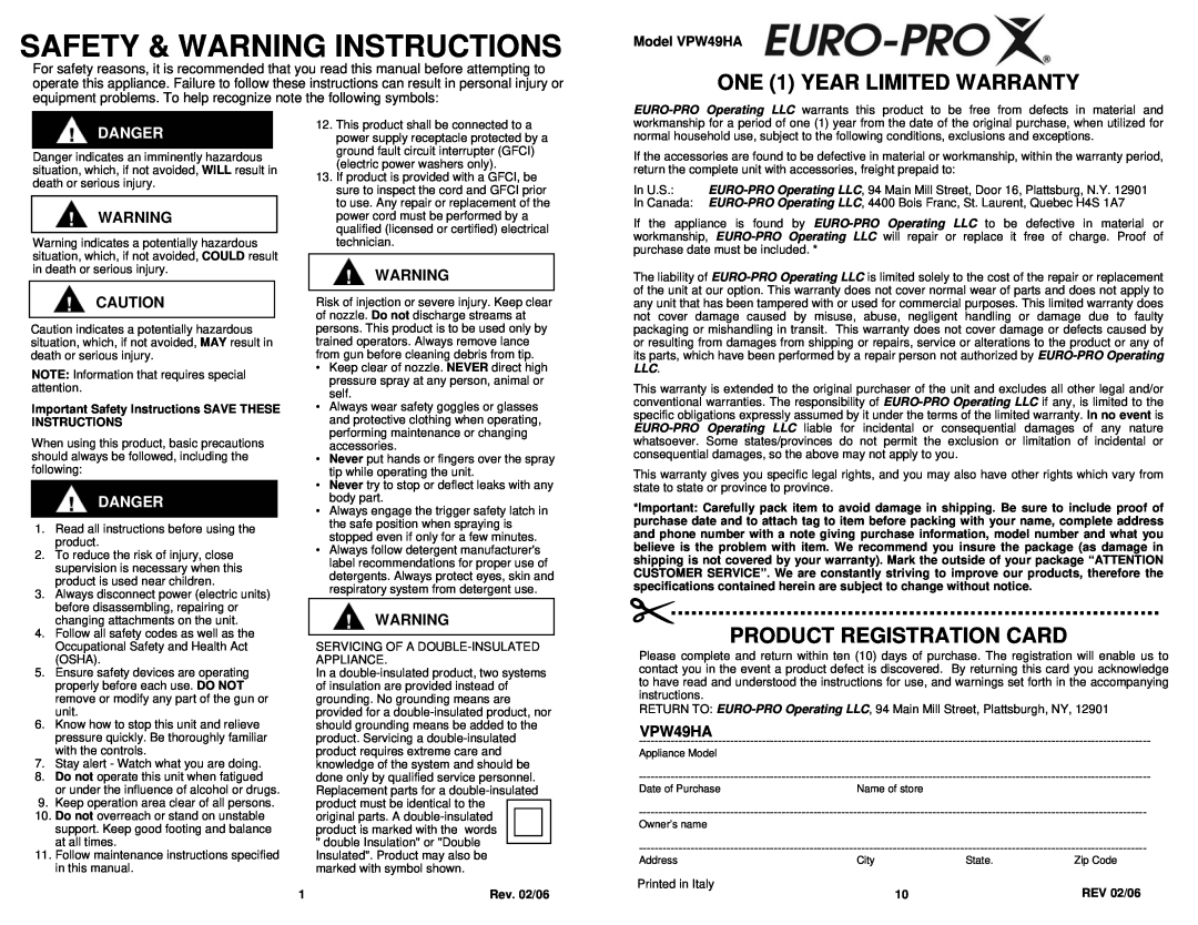 Euro-Pro VPW49HA Safety & Warning Instructions, ONE 1 YEAR LIMITED WARRANTY, Product Registration Card, Danger, Rev. 02/06 