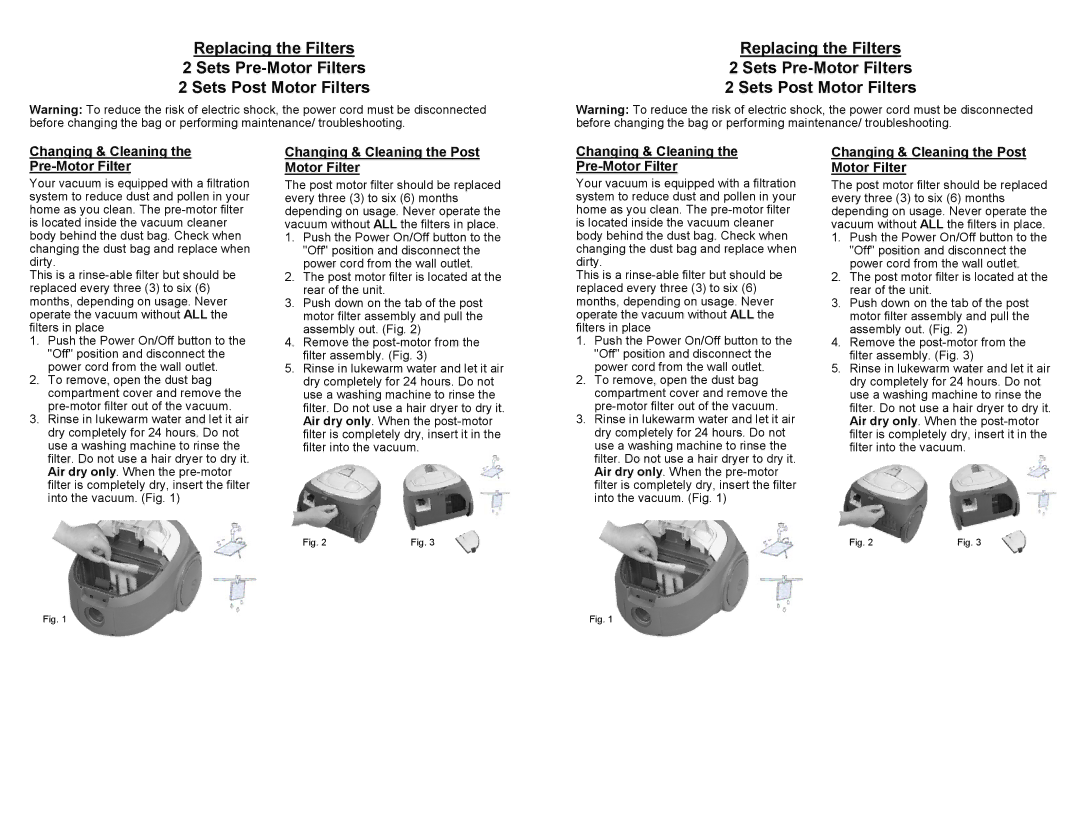 Euro-Pro XDB520H manual Changing & Cleaning Pre-Motor Filter, Changing & Cleaning the Post Motor Filter 