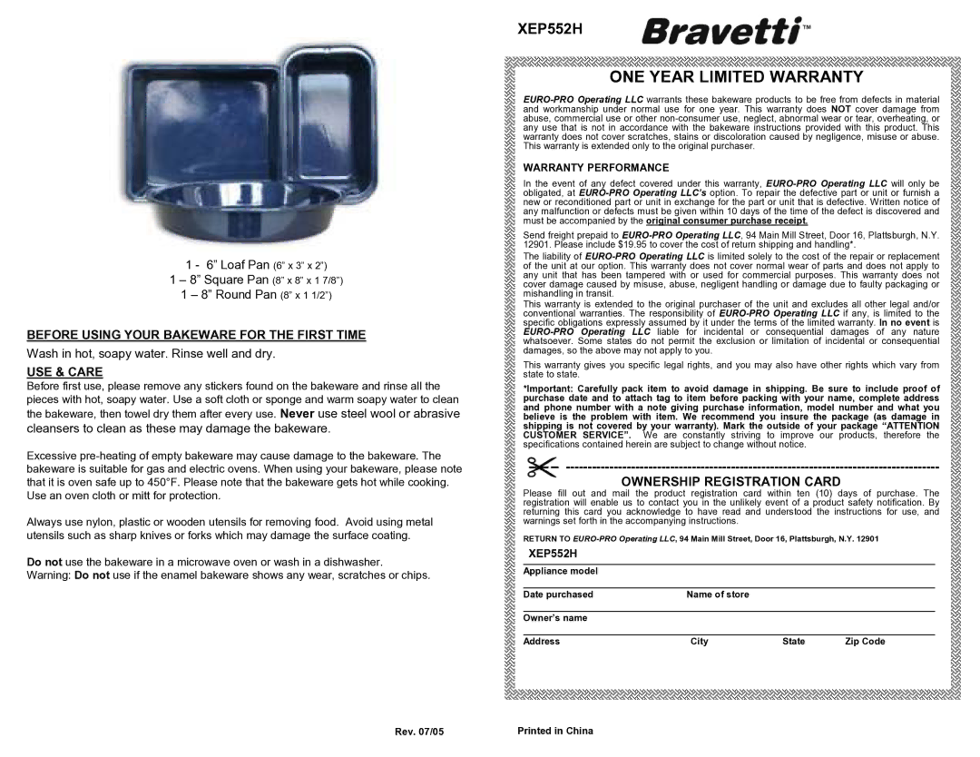 Euro-Pro XEP552H ONE Year Limited Warranty, Ownership Registration Card, Before Using Your Bakeware for the First Time 