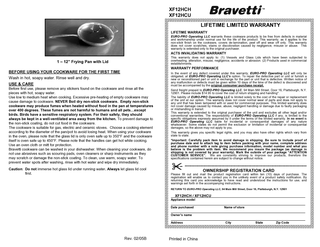 Euro-Pro XF12HCH Lifetime Limited Warranty, Ownership Registration Card, Before Using Your Cookware for the First Time 