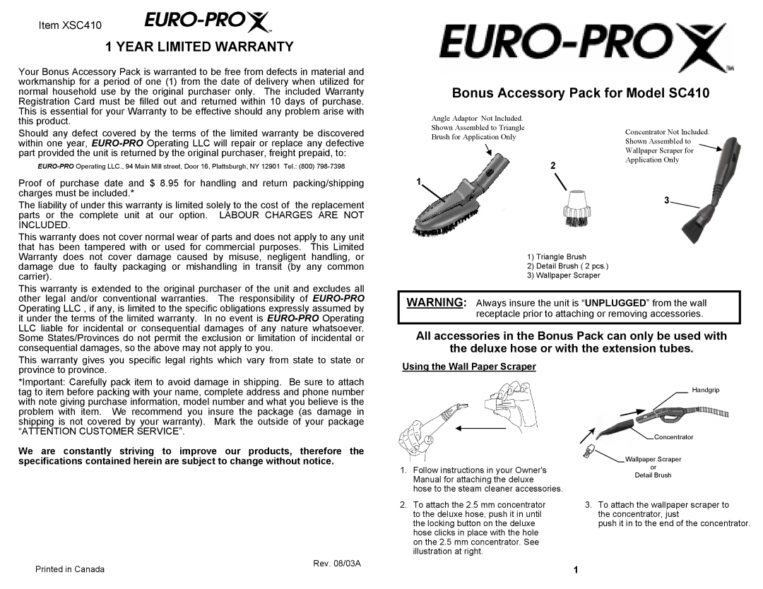 Euro-Pro XSC410 warranty Year Limited Warranty, Bonus Accessory Pack for Model SC410 