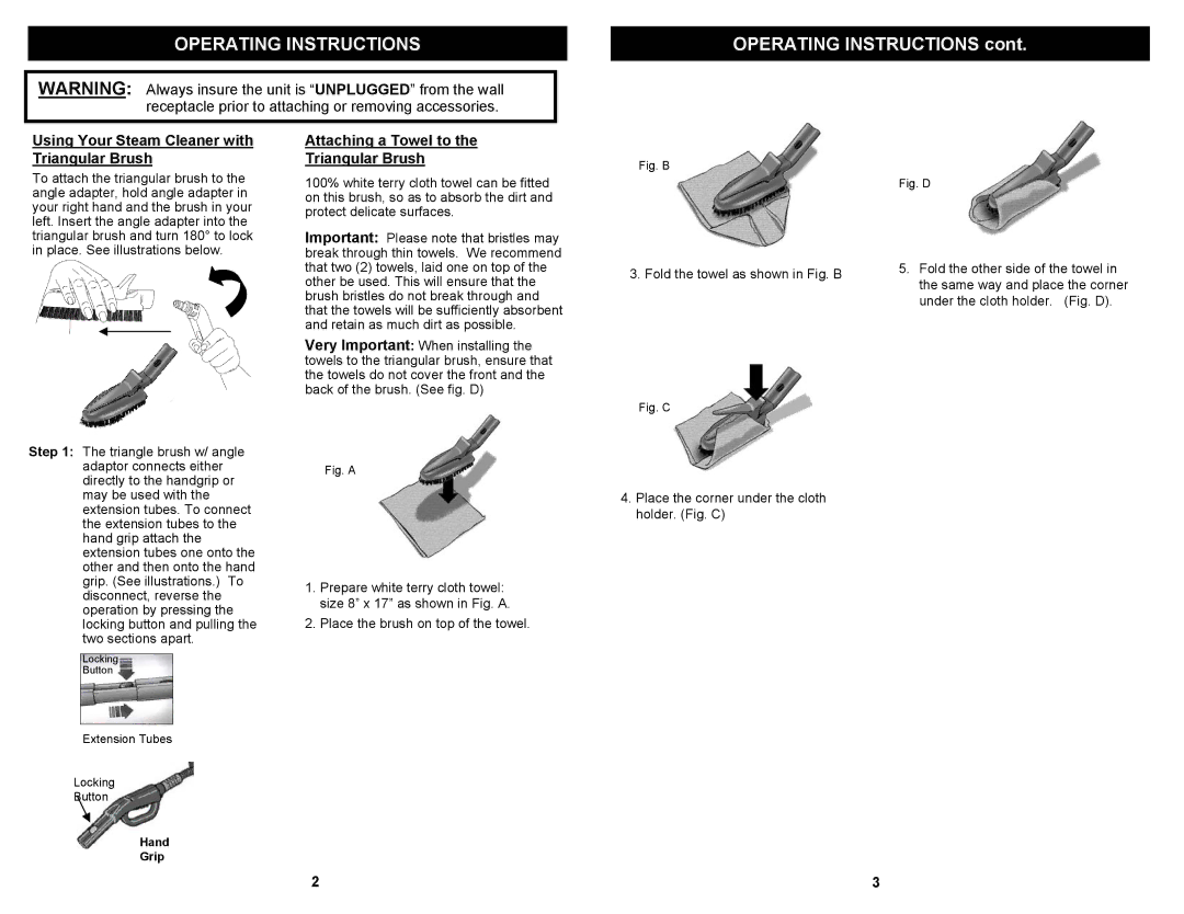 Euro-Pro XSC410 warranty Operating Instructions, Using Your Steam Cleaner with Triangular Brush 