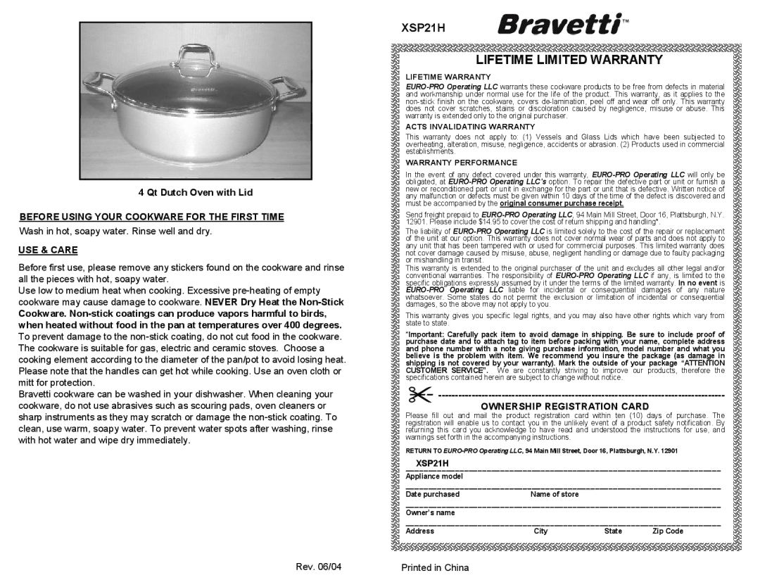 Euro-Pro XSP21H Lifetime Limited Warranty, Ownership Registration Card, Before Using Your Cookware for the First Time 