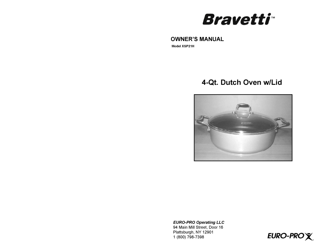 Euro-Pro XSP21H owner manual 4-Qt.Dutch Oven w/Lid 