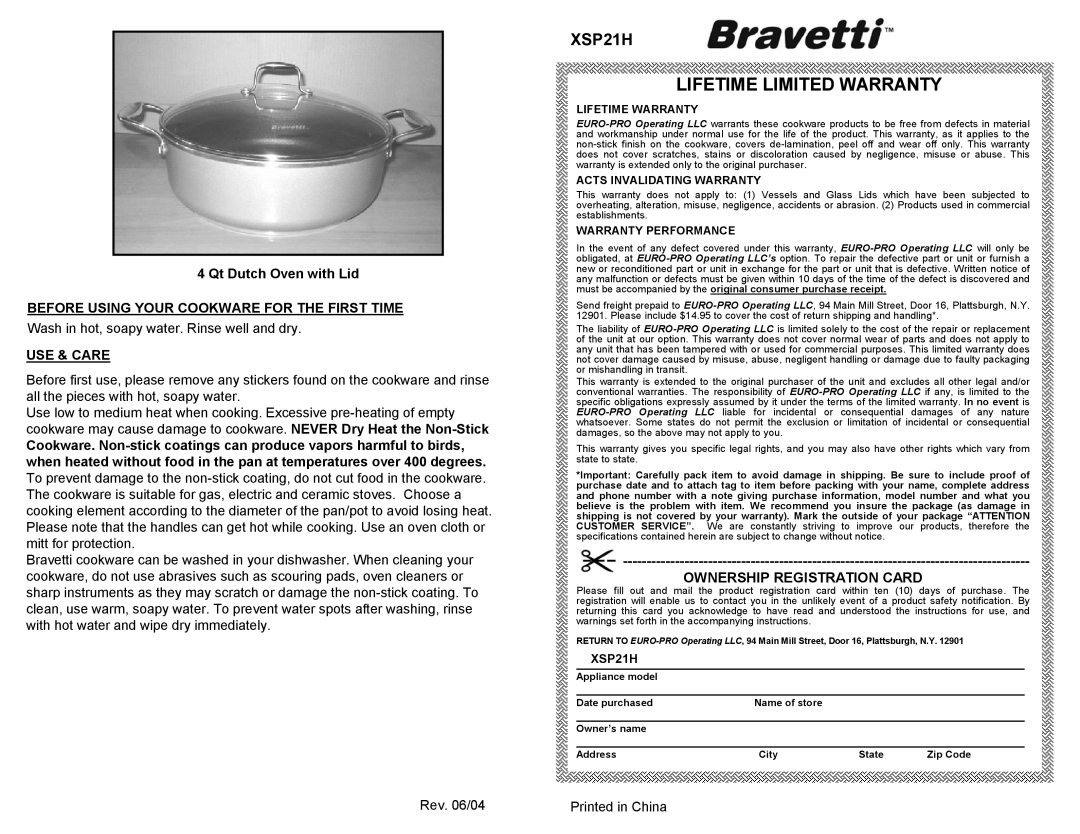 Euro-Pro XSP21H owner manual Lifetime Limited Warranty, Ownership Registration Card, Qt Dutch Oven with Lid, Use & Care 