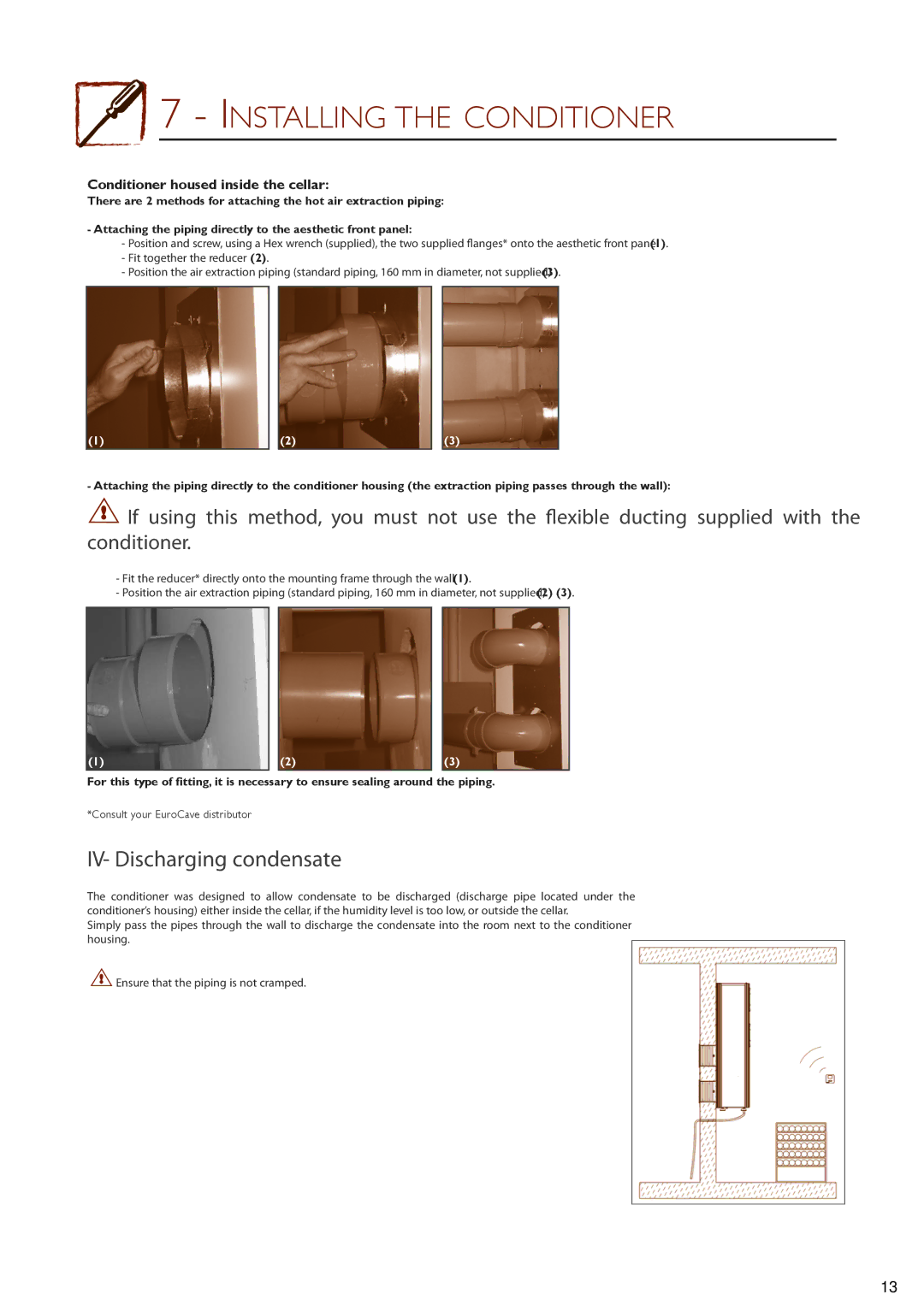 Eurocave 25, 50 installation instructions IV- Discharging condensate, Conditioner housed inside the cellar 