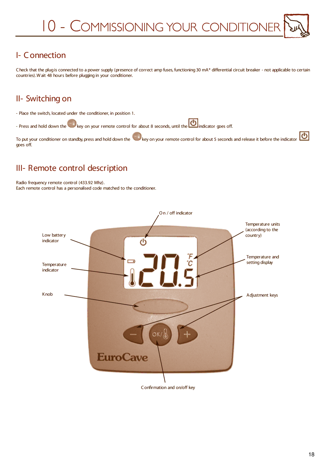 Eurocave 50, 25 installation instructions Onnection, II- Switching on, III- Remote control description 