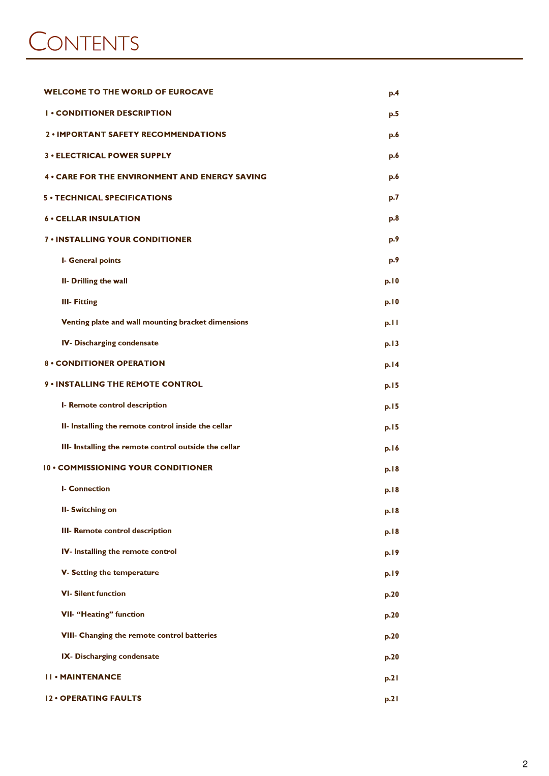 Eurocave 50, 25 installation instructions Contents 