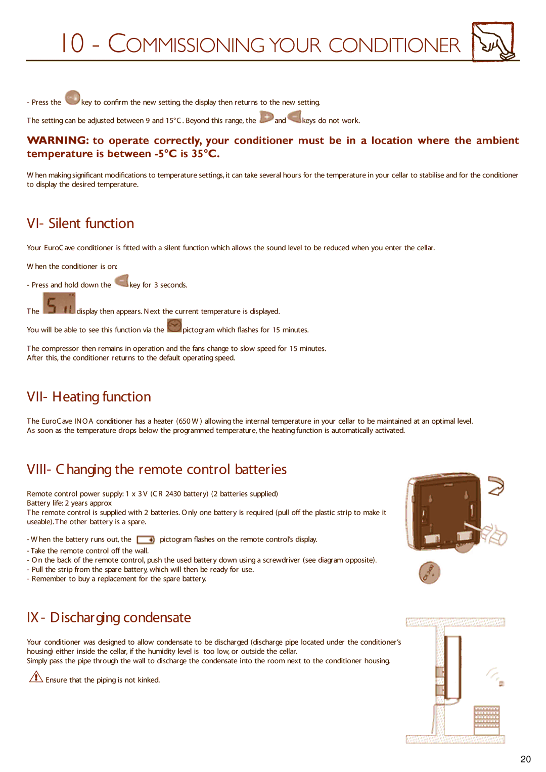 Eurocave 50, 25 VI- Silent function, VII- Heating function, VIII- C hanging the remote control batteries 